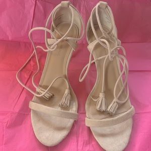 Pale pink suede lace-up dress sandals